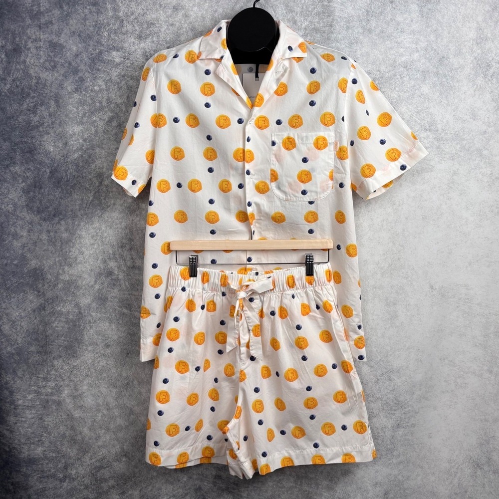 FLAN Men's 100% Organic Cotton Blueberry Pancakes Pajama Top and Bottom Set MED